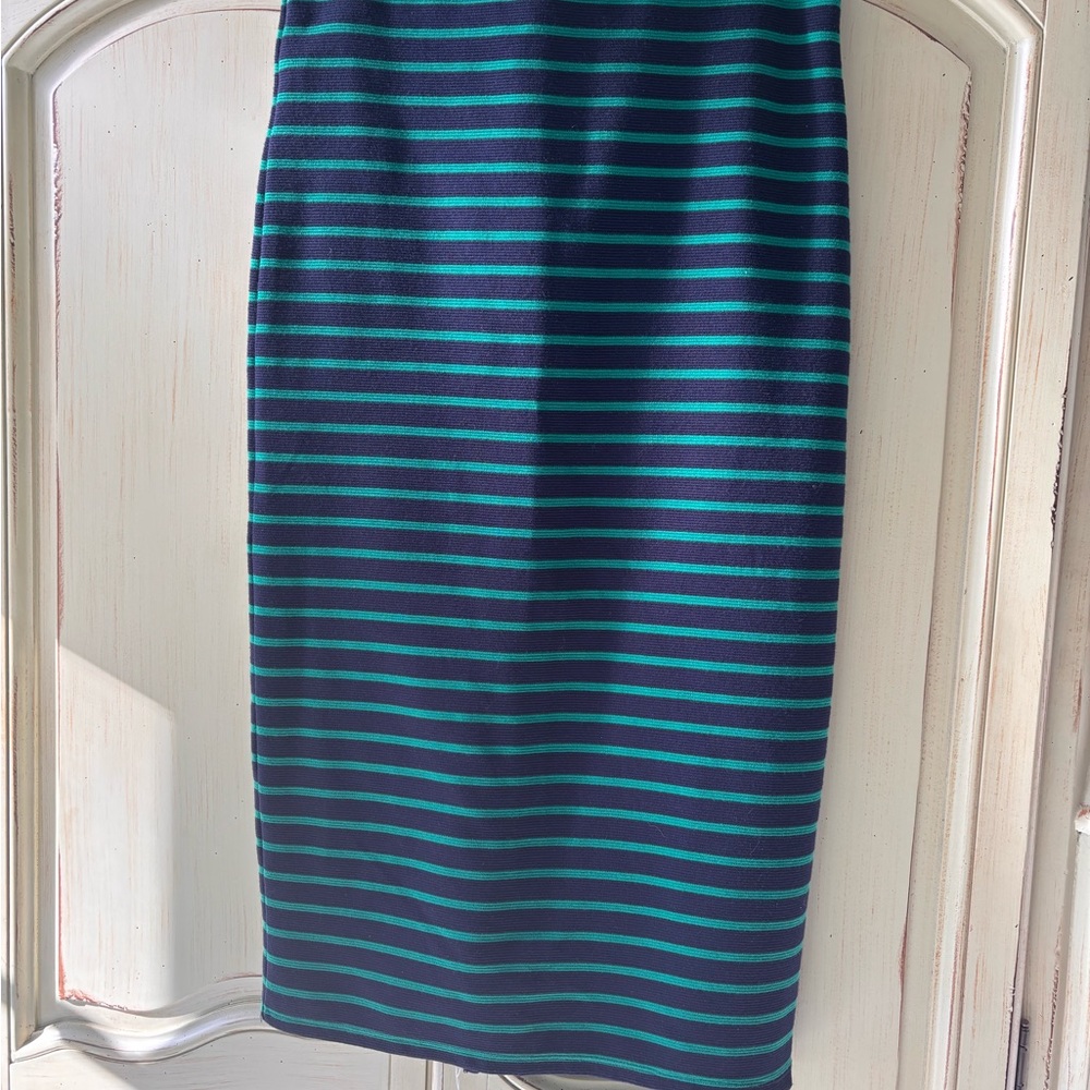 LOFT Blue and Green Striped Midi Skirt NWT
